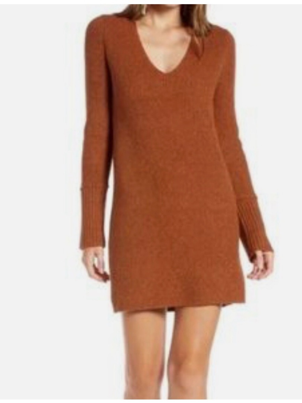 Something Navy Rust V-Neck Long Sleeve Mini Sweater Dress